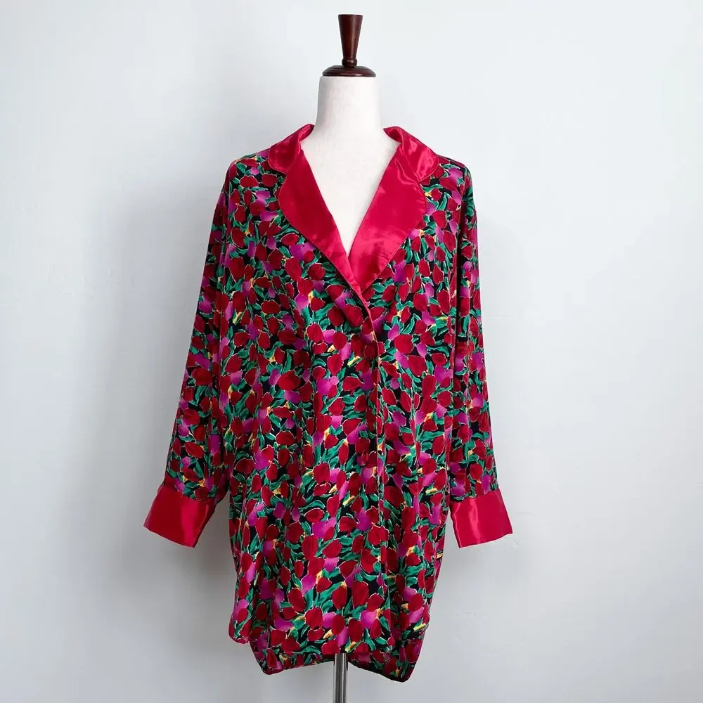 Victoria's Secret Vintage Pink Red Satin Romantic Floral Double-Breasted Robe